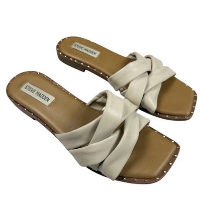 Steve Madden Trial Slides Cream Leather Sandals Studded Flat Square Toe Sz 8