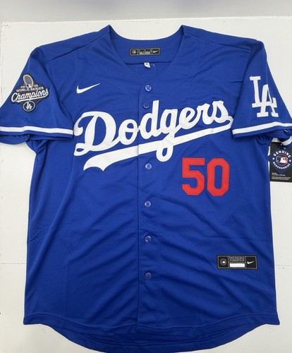 Mookie Betts #50 Dodgers 2025 World Series Champion Patch Stitched Blue Jersey
