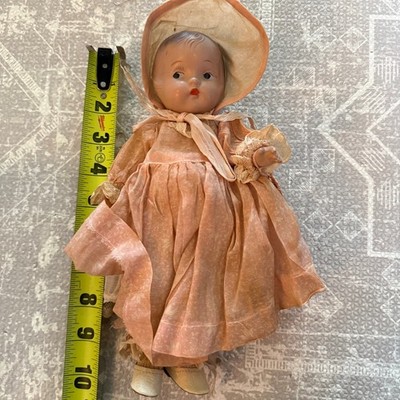 Vintage Composition Baby Doll Pink Dress Bonnet Detailed Face