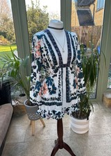 Free People Violet Hill Floral Print Boho Tunic Long Top Mini Dress S 10 White