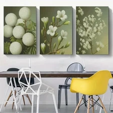 3pcs White Flowers, Green Leaves  Wall Art Canvas Framed 50x70cm