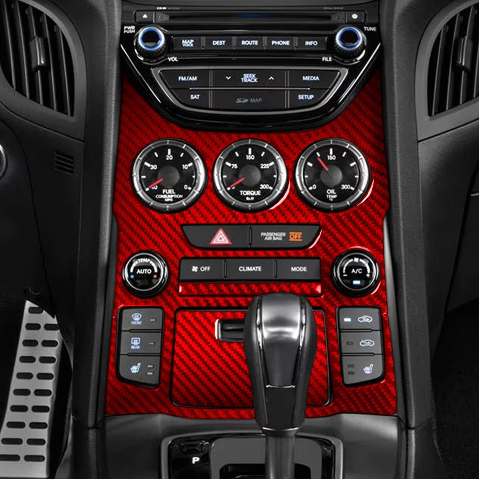 Juego de control central interior de fibra de carbono rojo para Hyundai Genesis Coupé 2013-2016 Foto 3 de 4