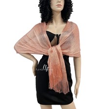 Salmone Elegante Stola Scialle Frange con Filo Argento Brillante Coprispalle 016