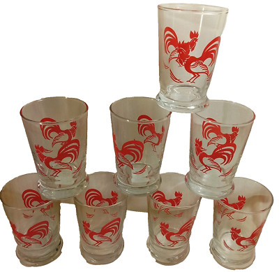 VTG NWTSet 8 Red Rooster *WAKE UP JUICE*Cocktail Glasses MCM 3 7/8'' Crate Barrel