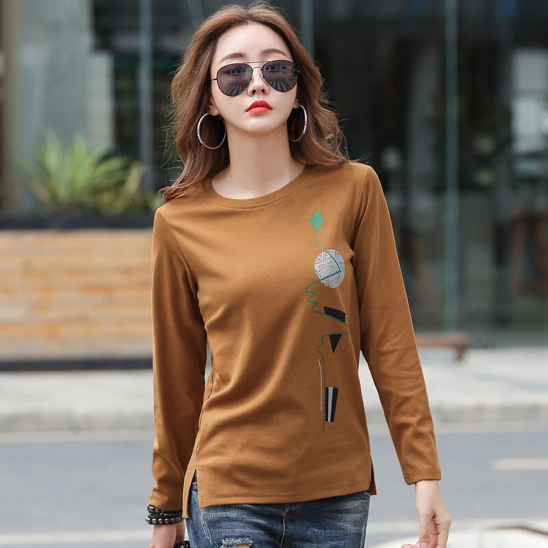 Plus Size Print Cotton T Shirt Women Korean Clothes Autumn Long Sleeve T- Shirt