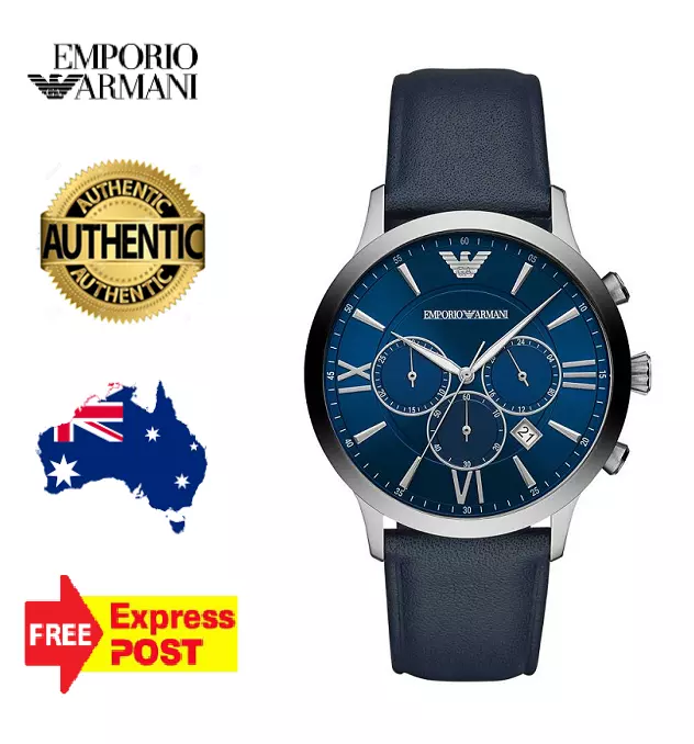 EMPORIO ARMANI GIOVANNI AR11226 SILVER BLUE LEATHER CHRONOGRAPH MENS WATCH