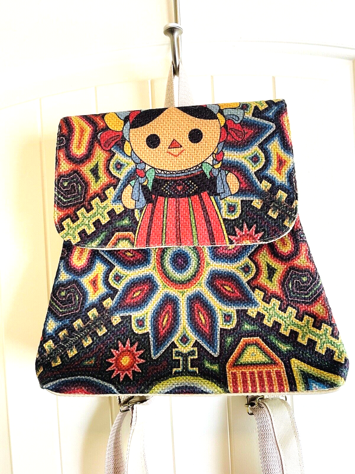 Handbag Backpack Jute Colorful Girl Doll Design-image
