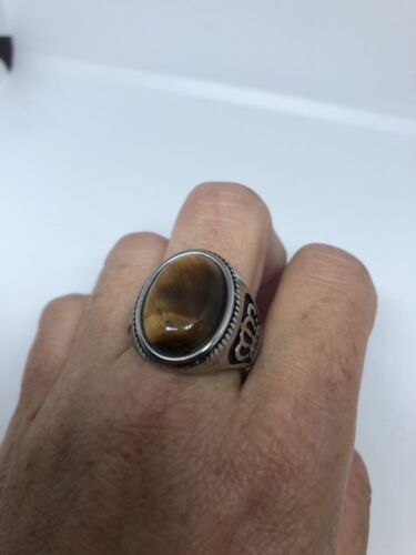 Vintage Silver Stainless Steel Genuine Tiger’s Eye 11.25 Men's Crown Ring - Picture 1 of 6