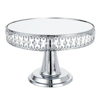 Simply Elegant Crystal Beaded Round, Round Silver Mirror Cake Stand