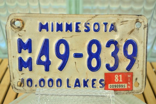 Vtg Motorcycle License Plate MN 49 839 1981 Land Of 10000 Lakes