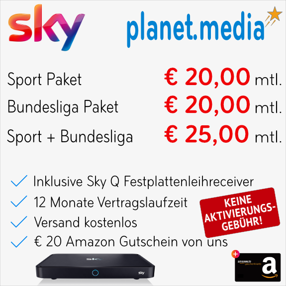 12 Monate Sky Abo Entertainment+Bundesliga+Sport nur 25,00 € mtl.