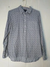Gap Womens S Blue Floral Fitted Boyfriend Half Button Up Shirt Long Sleeve