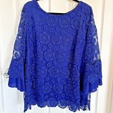 Charter Club Women’s Blouse (2X) Blue w/Overlay Long Belle Sleeves Scalloped Hem
