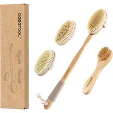 Dry Brushing Set - Natural Boar Bristle Body Face Brush, Wooden Long Handle...