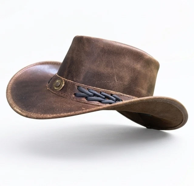 Leather Cowboy Hat Australian Western Style Tan Crazy Horse Bush Hat Unisex