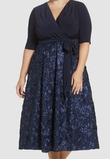 Alex Evenings Women's Blue Tea Length Jersey & Rosette Lace Dress Plus Size 24W