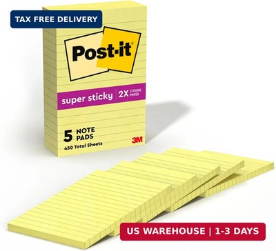 Post-it Super Sticky Lined Notes, 5 Sticky Note Pads, 4 x 6 in., School Supplies