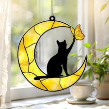 Black Cat Butterfly Acrylic Suncatcher, Cat Memorial Suncatcher, Cat Sitting On