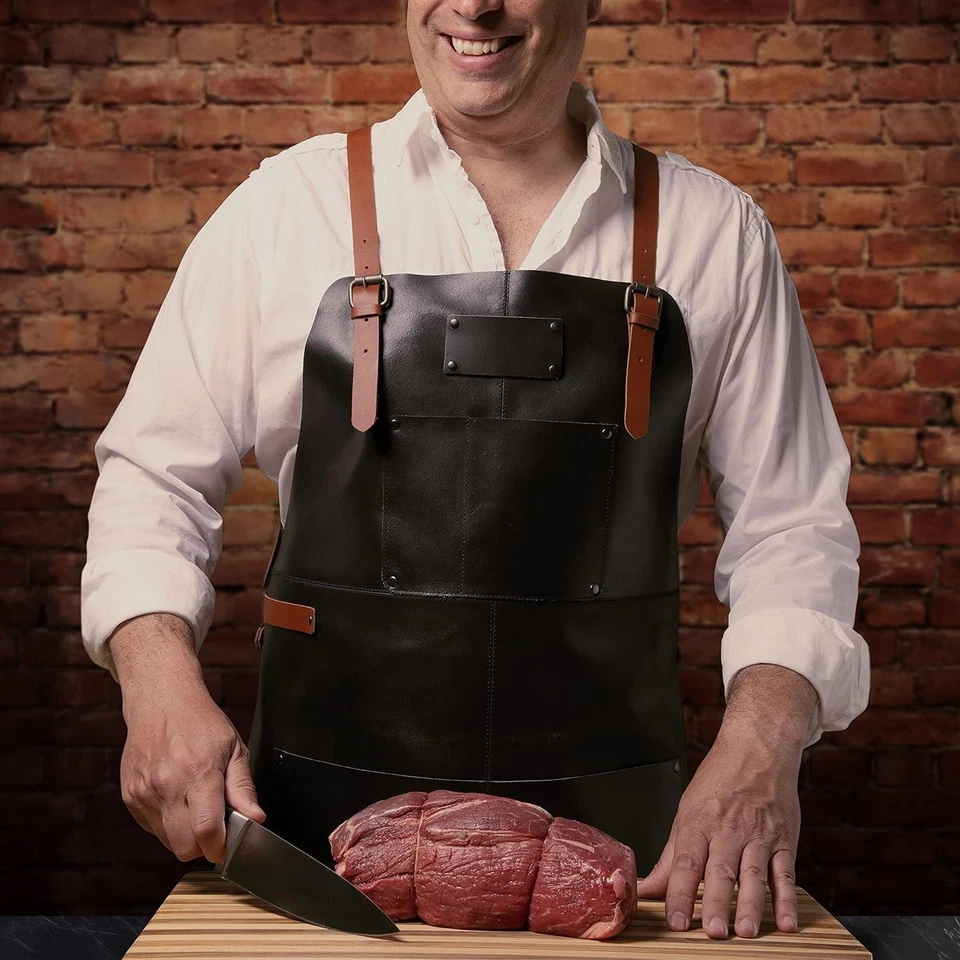 Delantales de cuero negro para hombre delantal cruzado con bolsillos - Imagen 2 de 4