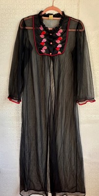 VTG MISTRA BLACK SHEER CHIFFON NYLON ROBE NEGLIGEE NIGHTGOWN W STRAWBERRIES*S/M