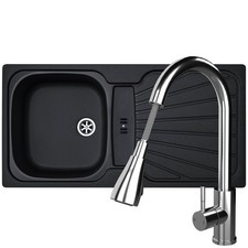 Liquida CMP5BL 1.0 Bowl Black Kitchen Sink With KPO11CH Chrome Pull Out Tap