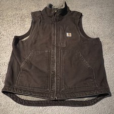 vtg Carhartt Vest Men's medium Dark Brown Sherpa Lined Mock-Neck Duck Work Wear