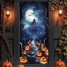 Halloween Door Cover Scary Pumpkin Bats Castle Banner Haunted House Decor 35x79