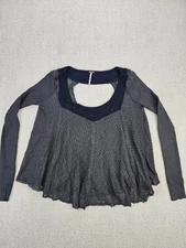 Free People Gray Mixed Media Long Sleeve Top Blouse 