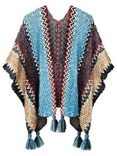 Women's knit Vintage Ethnic Tassel stripe Poncho Shawl Blue and Beige