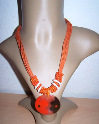 Yin Yang Halskette aus Bali Orange 22- Reihig  Necklace Collier Handarbeit 42 cm
