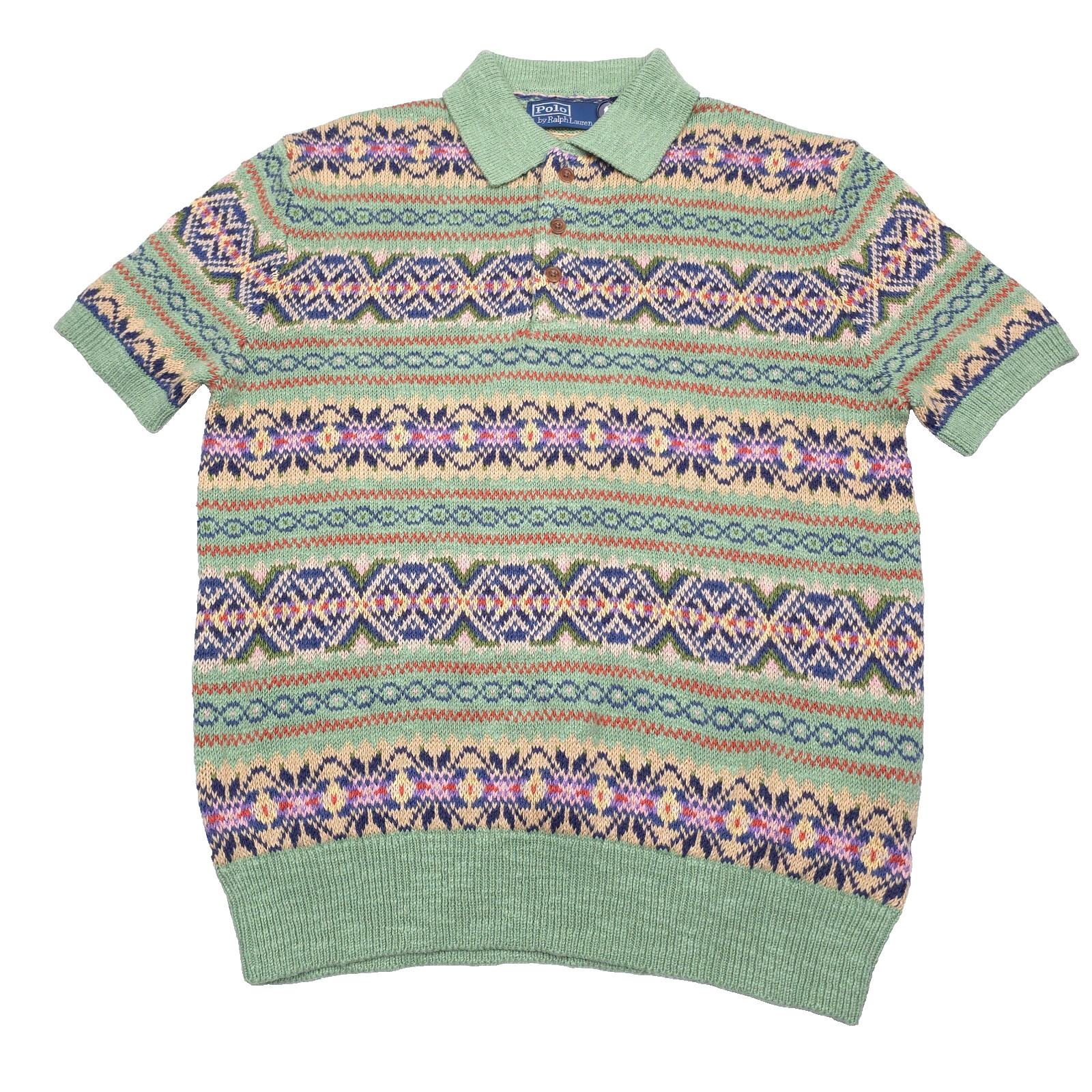 Polo Ralph Lauren Fair Isle Polo-Collar Sweater Mens Large Green Linen Cotton