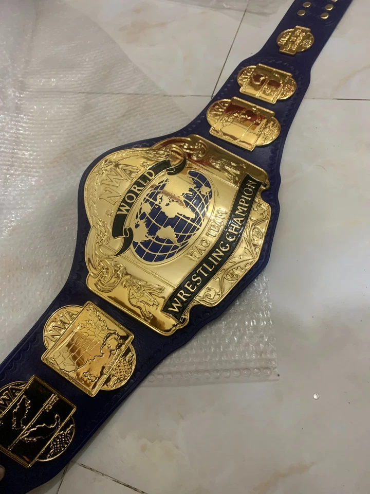 Cinturón de campeonato de lucha libre NWA World Tag Team, 4 mm zinc, chapado en oro, cuero real Foto 2 de 4
