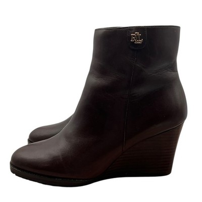 Lauren Ralph Lauren Shaley Brown Leather Wedge Ankle Boots Womens 6.5 Almond Toe