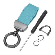 Car Key Chain, Zinc Alloy Leather Car Keychain, Metallic Black/Sky Blue