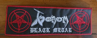 VENOM,BLACK METAL, SEW ON RED BORDER EMBROIDERED STRIP PATCH