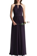 Levkoff Keyhole Neck Chiffon A-Line Gown in Plum Size 6