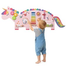 COSTWAY Toddlers Unicorn Activity Wall Busy Board Panels-Pink