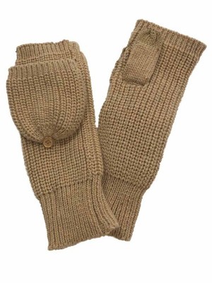 Womens Chunky Tan Knit Fingerless Flip Top Convertible Gloves Mittens Brown