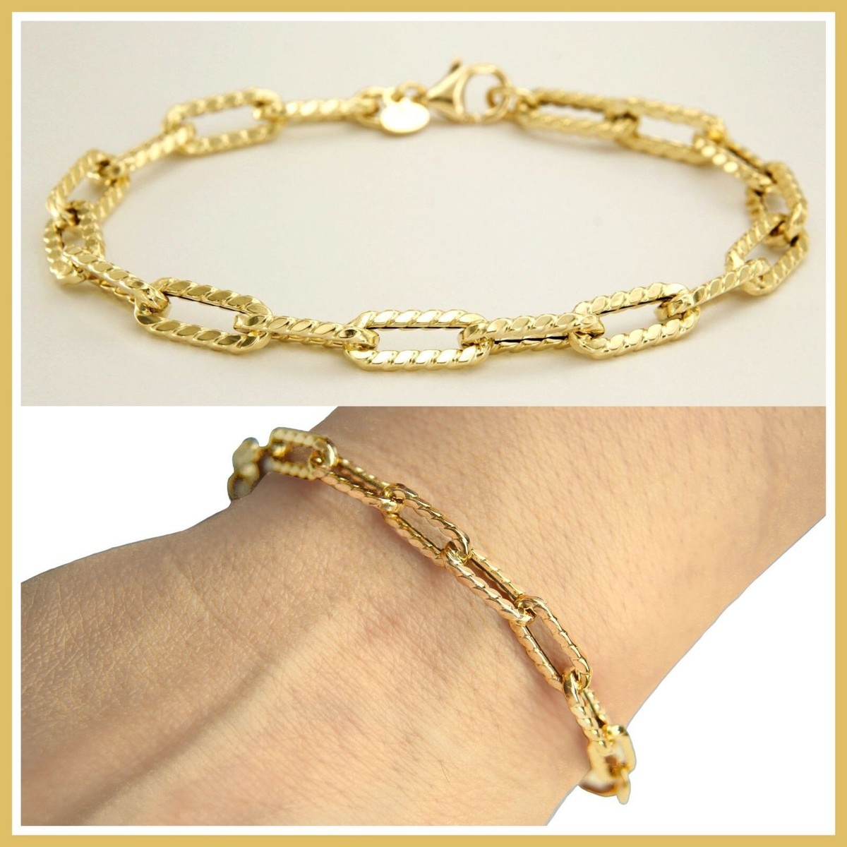 18k 18ct Real Yellow GOLD Paperclip Link Chain Italian Bracelet Women  Ladies