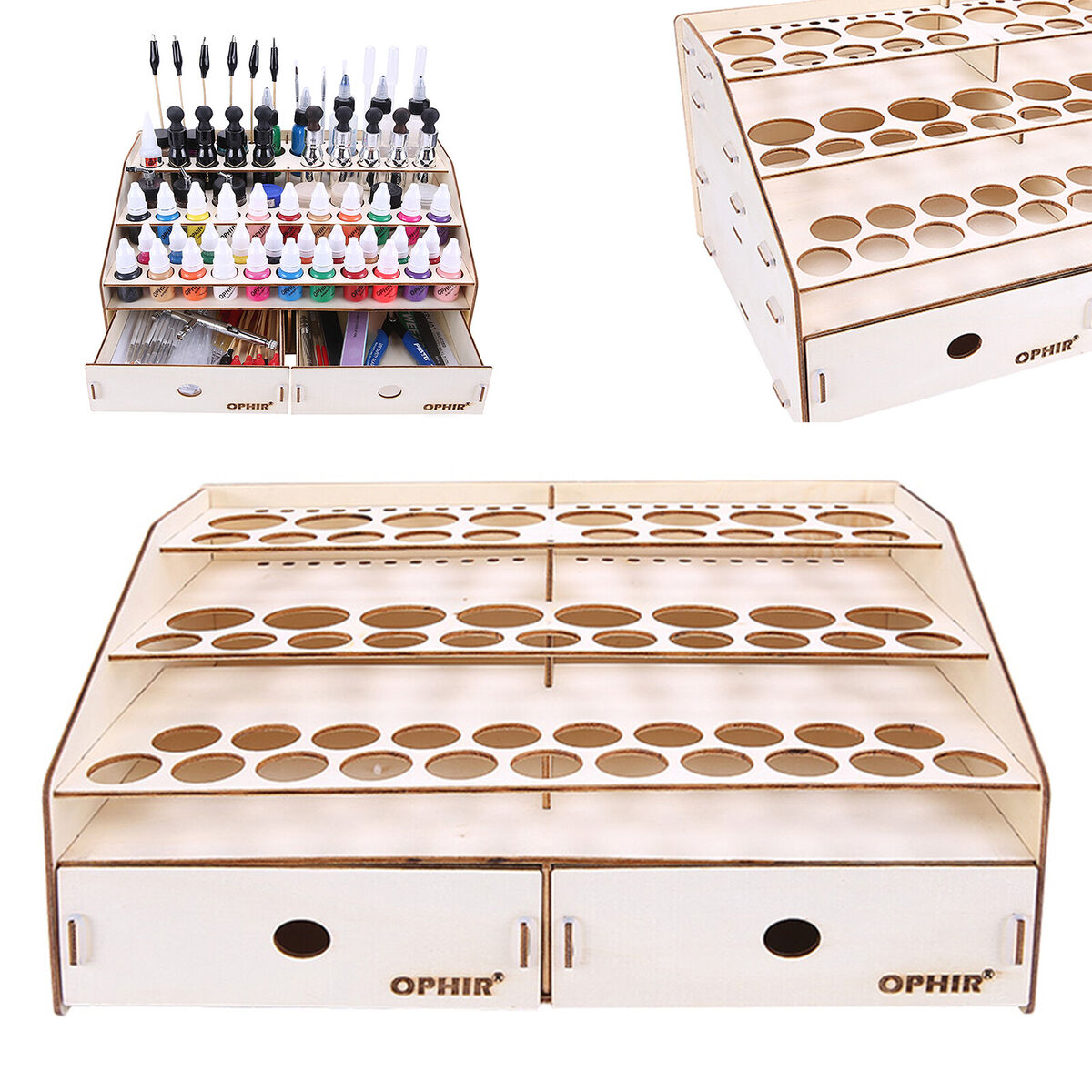 80 HOLES BOTTLE PAINT RACK STORAGE WOODEN HOBBY ORGANIZER WITH