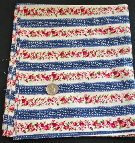 Tela de coser a rayas azules y rojas de 1 yarda Rose Vines y flores rosadas azules blancas - Imagen 2 de 2