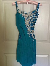 Women  s Blue Latin/Rhythm Ballroom Dress With Blue Fringe  White Appliqu s