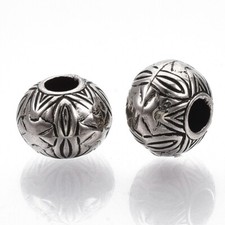 50 pcs Antique Silver Plastic Carved Ball Spacer Beads - 10mm - Large Hole: 4mm