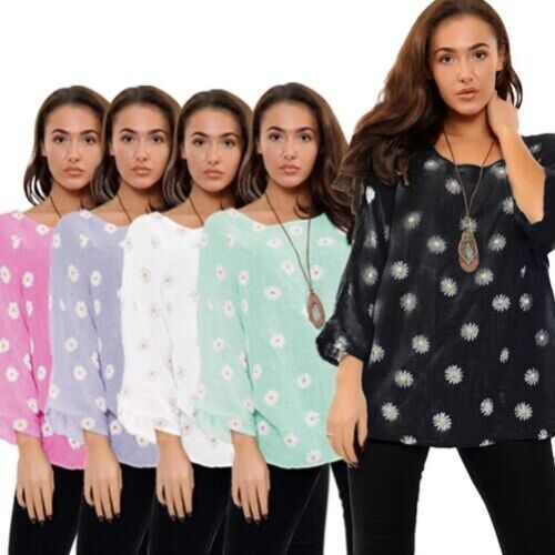 New Womens Italian Daisy Print Cotton Summer Necklace Ladies Casual One Size Top - Photo 1/99