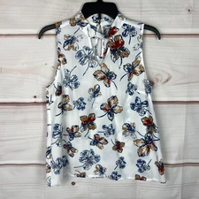 Collective Concepts Top Womens S White Floral Print Tank Keyhole Neck Sleeveless