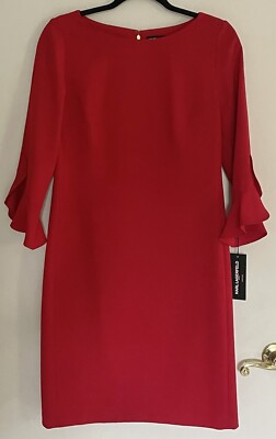 Karl Lagerfeld Women s Red Sheath Dress With 3/4 Ruffle Sleeve Size 8 NWT