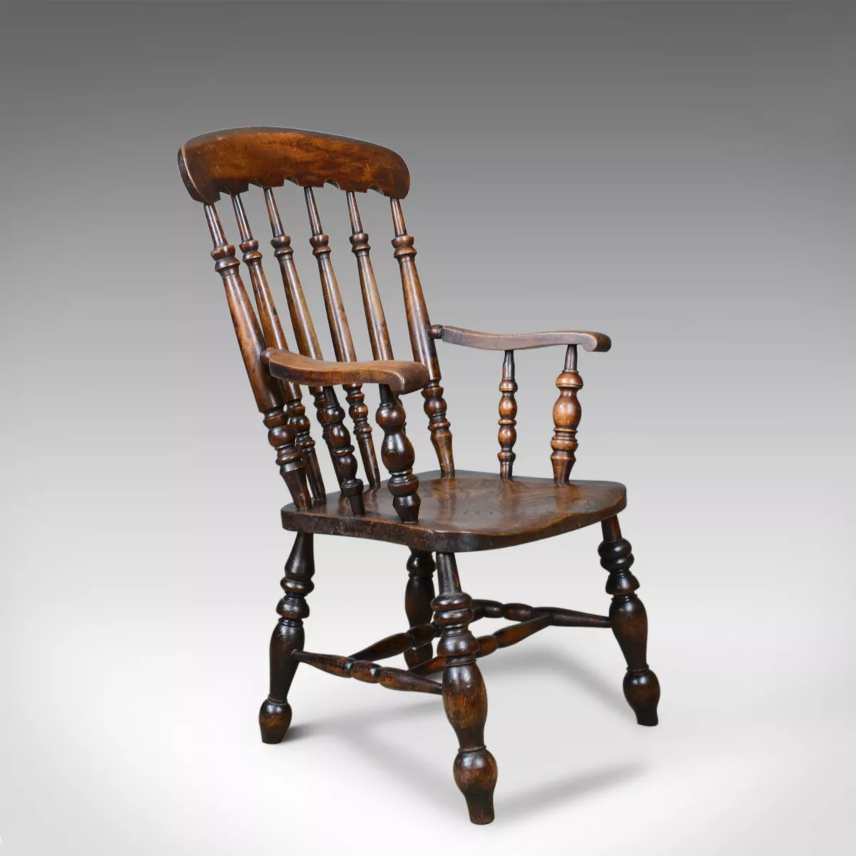 Antique Elbow Chair English Victorian Stick Back Windsor Elm Circa 1880