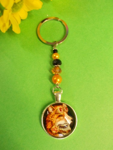 PUNK FOX GLASS DOME CABOCHON CHARM ON A CRYSTAL BEAD KEY RING KEYRING # 7 - Picture 4 of 12