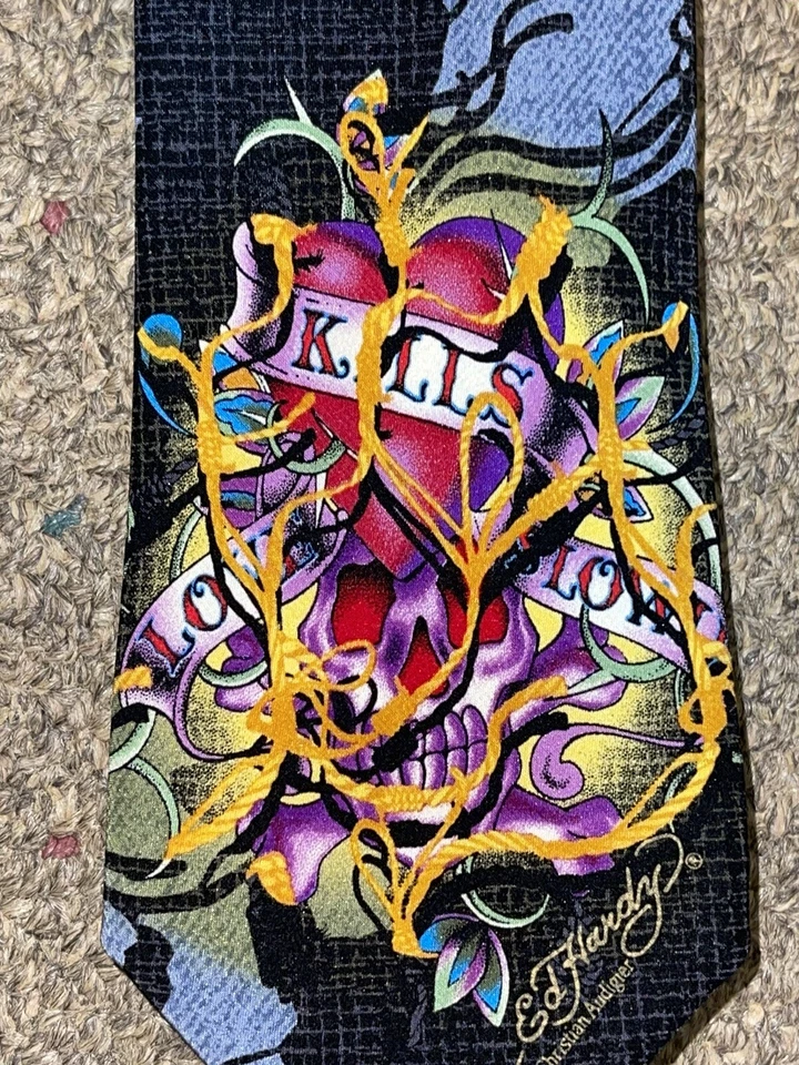 Corbata de seda Ed Hardy por Christian Audigier para hombre Love Kills Slowly Skull 3"x60" Foto 3 de 4