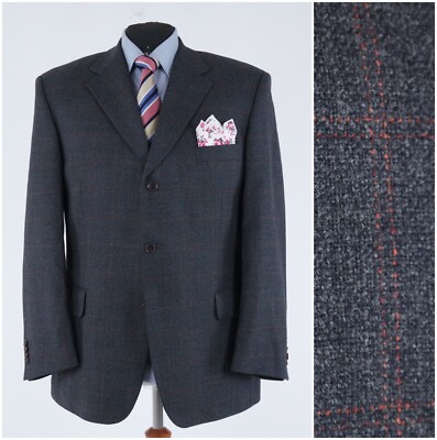 Mens Windowpane Sport Coat 44R US Size ROY ROBSON Plaid Grey Wool Blazer Jacket